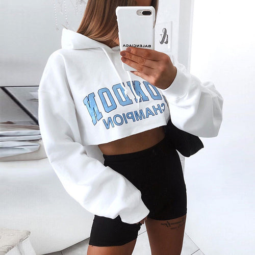 Crop Top à Capuche Blanc - Sweat Court Manches Longues