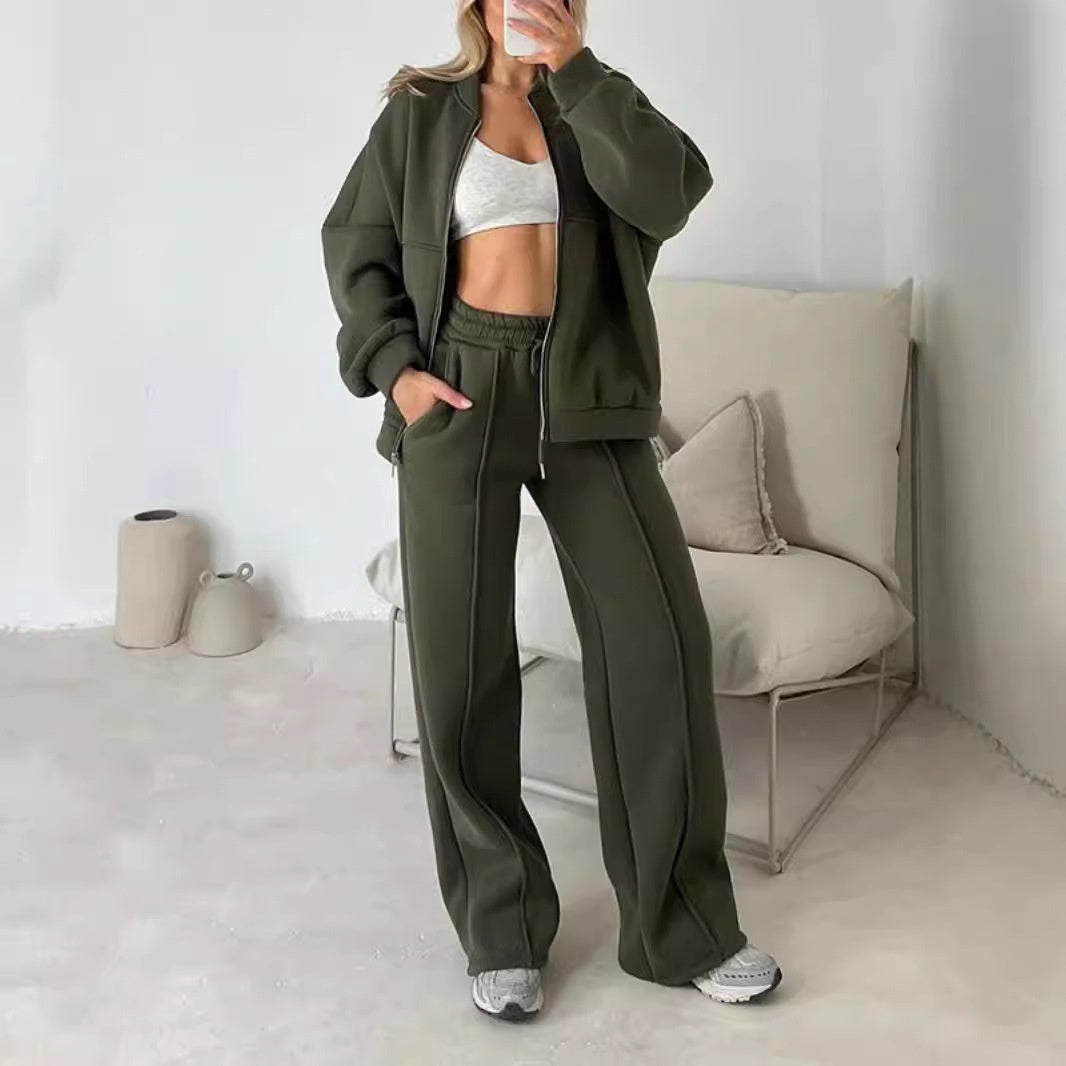 Ensemble Sweat Zippé et Pantalon - Couleurs Unies Élégantes