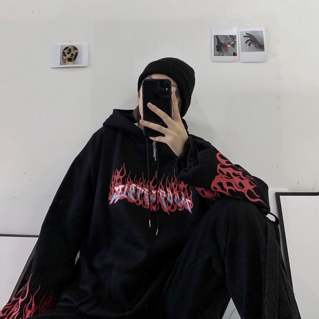 Hoodie Imprimé Flammes - Sweat à Capuche Tendance Automne