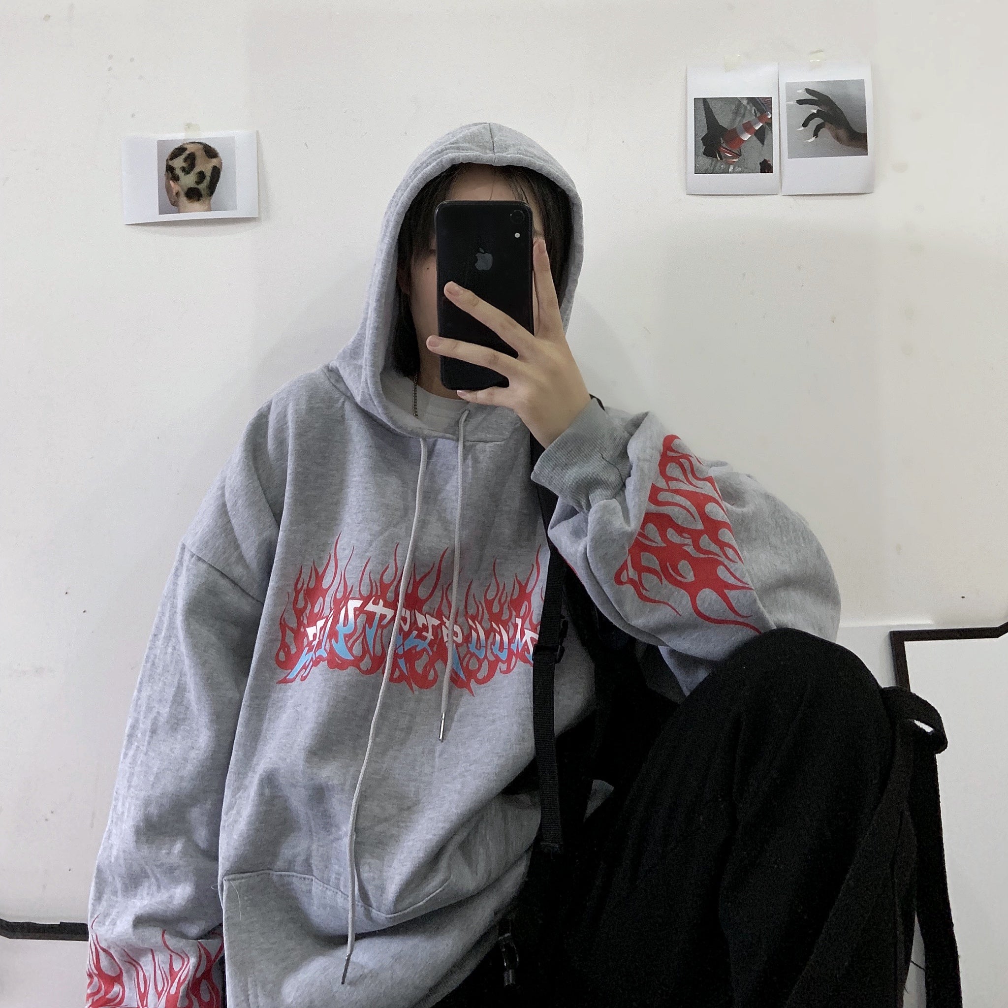 Hoodie Imprimé Flammes - Sweat à Capuche Tendance Automne