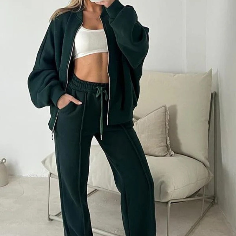 Ensemble Sweat Zippé et Pantalon - Couleurs Unies Élégantes
