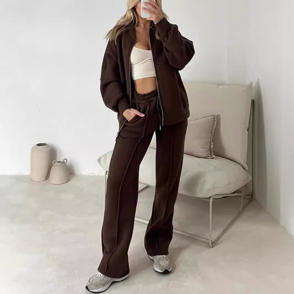 Ensemble Sweat Zippé et Pantalon - Couleurs Unies Élégantes